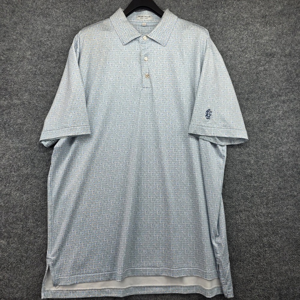 Peter Millar Summer Comfort Polo Shirt Mens Large Blue Drink Print Golf Stretch